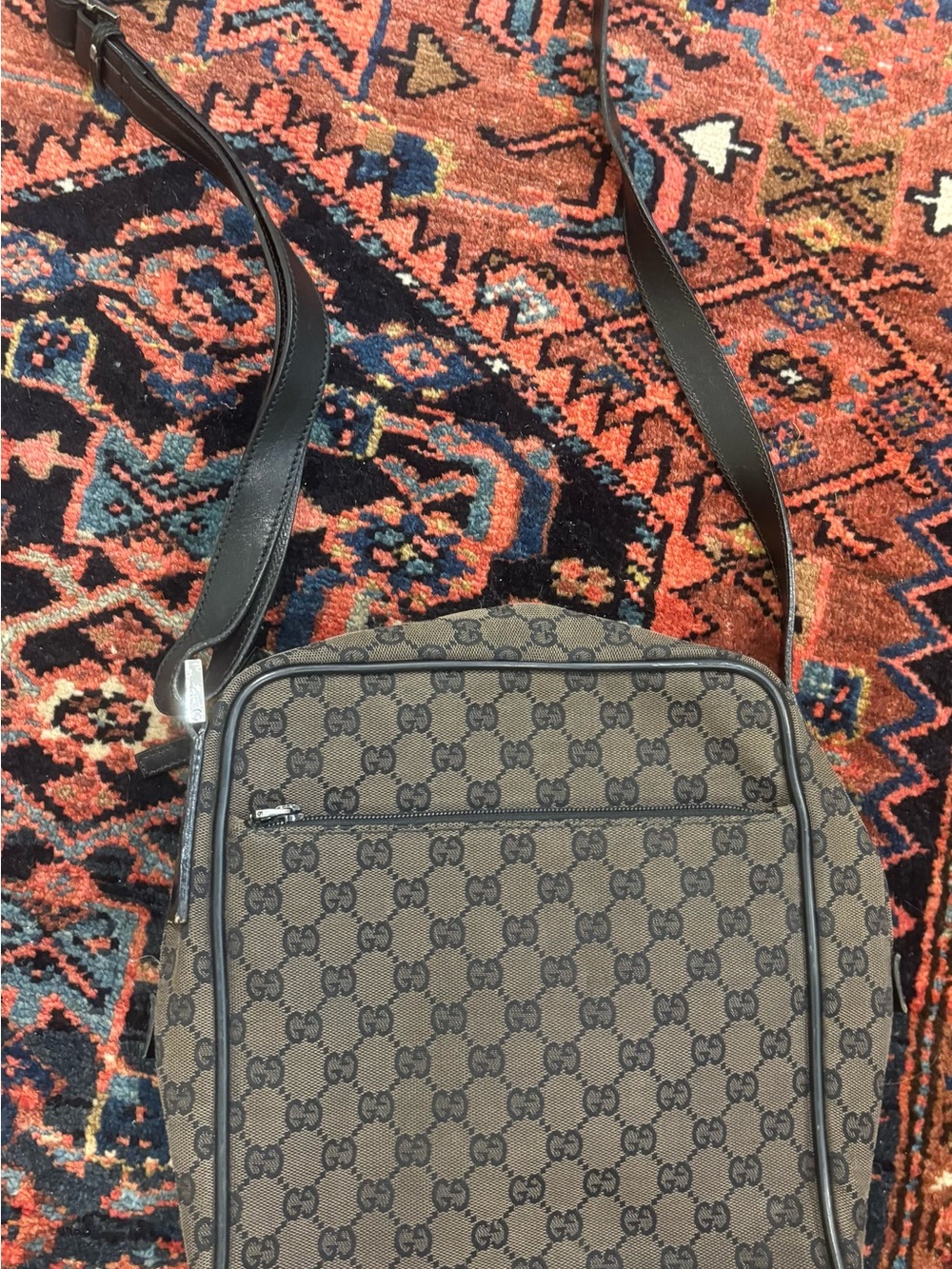Gucci Brown GG Monogram Messenger Bag with Black Strap